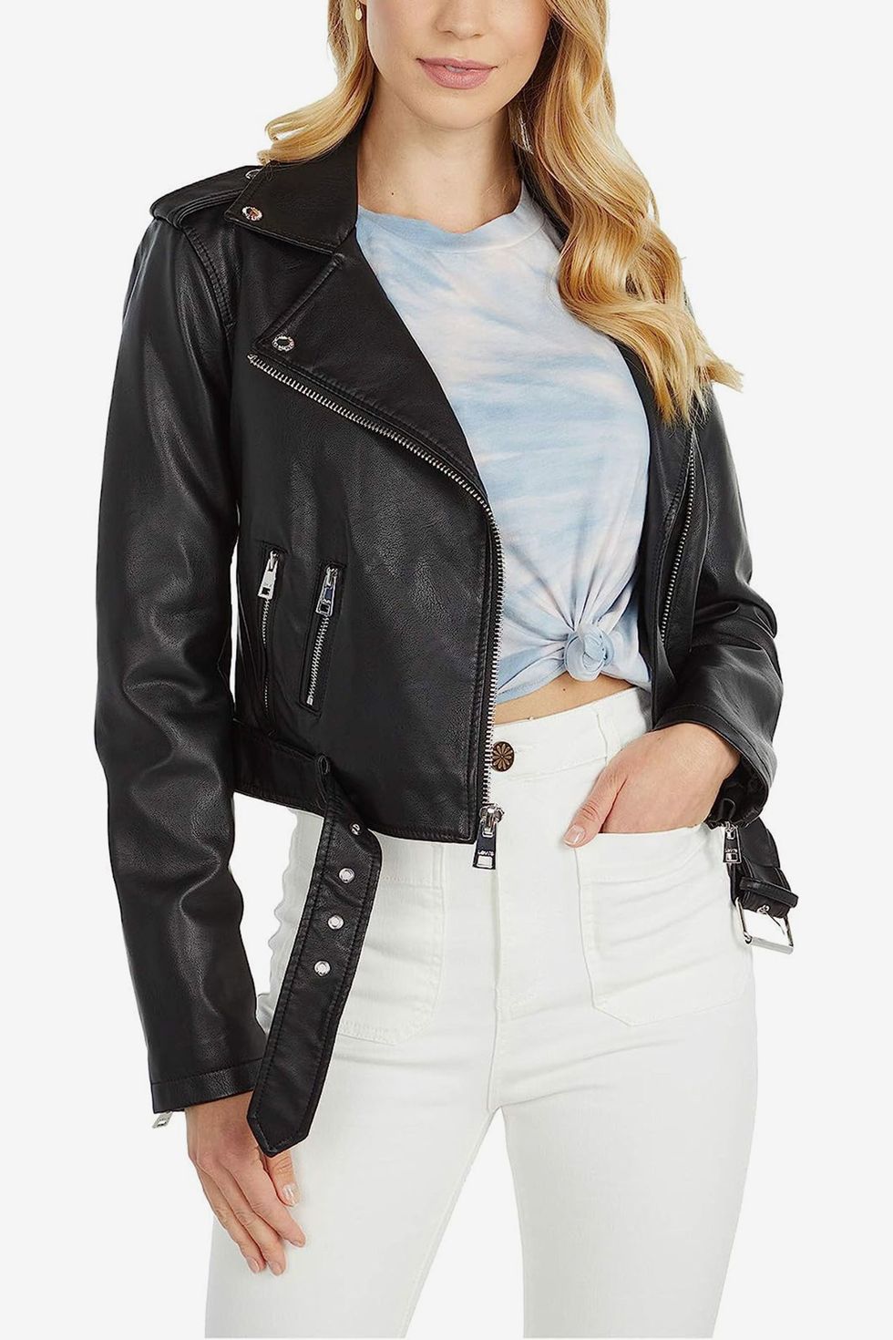 Faux Leather Belted Motorcycle Jacket