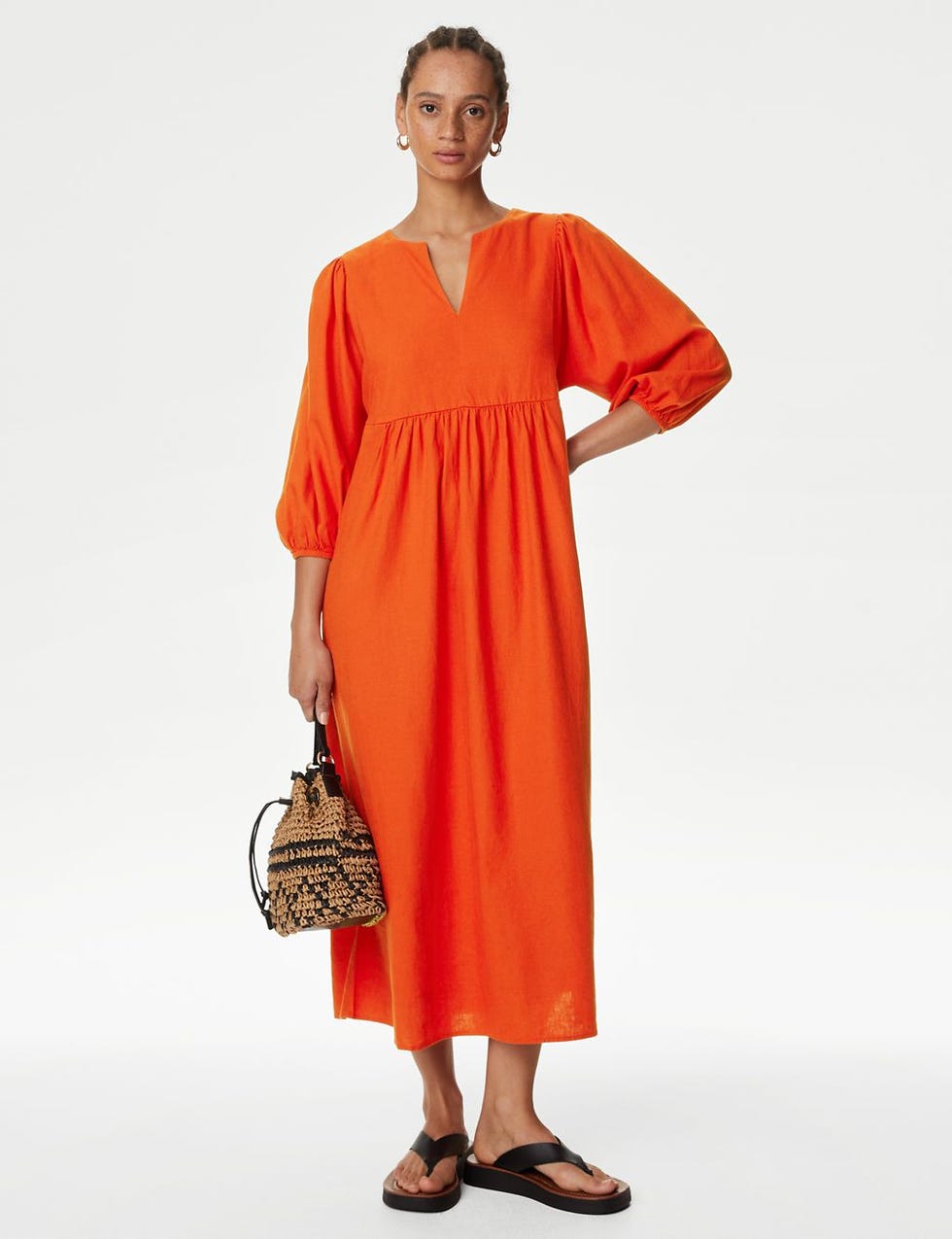 Linen Rich V-Neck Midi Beach Dress