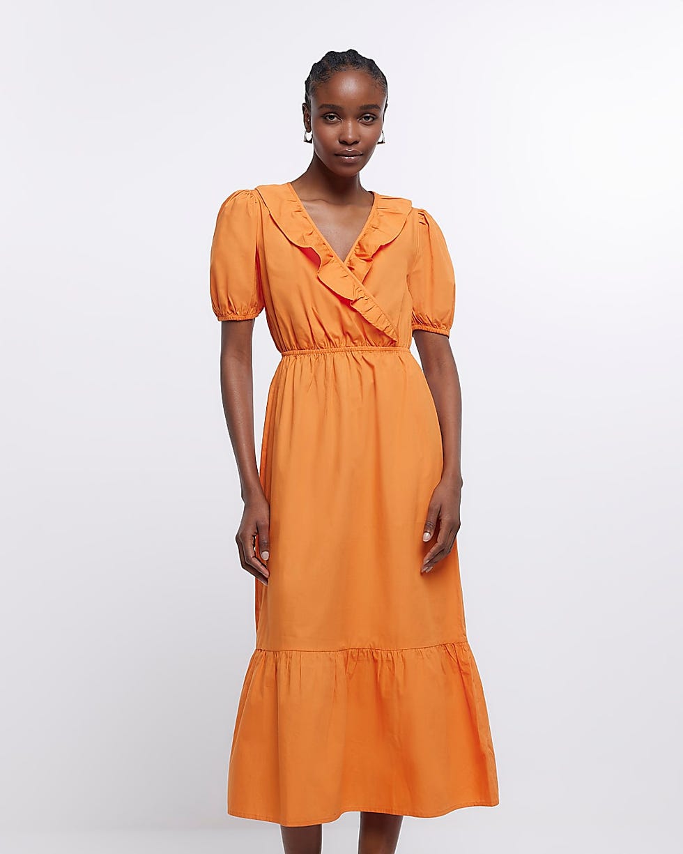 Orange Puff Sleeve Wrap Midi Dress