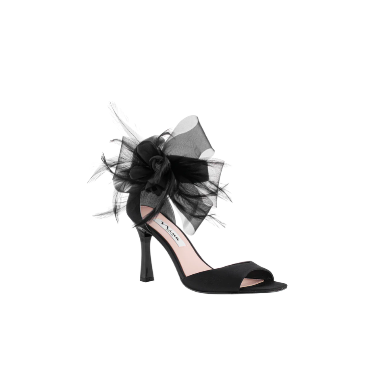 Dora Black Bow, Feather and Flower Heels