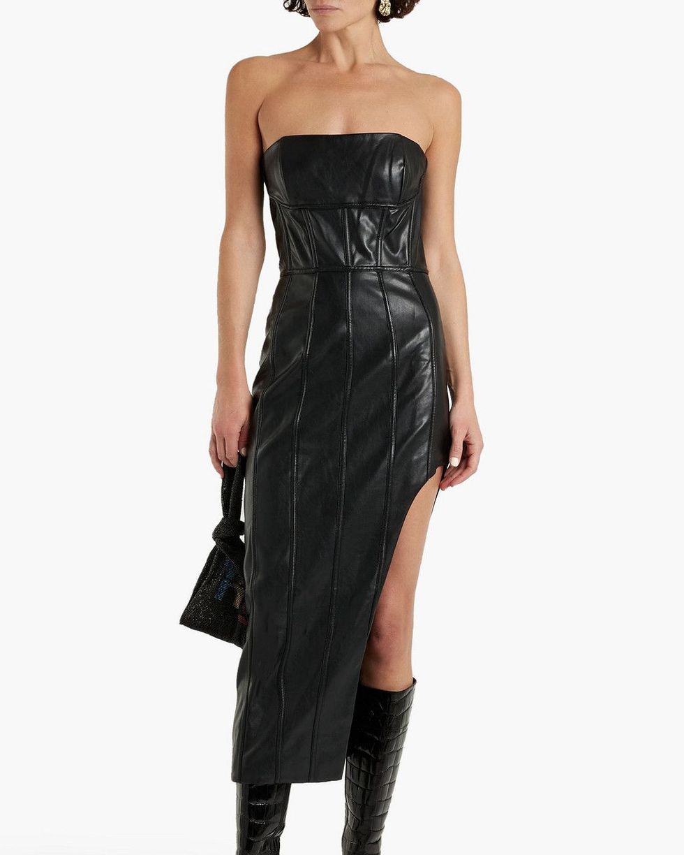 Phanta Strapless Faux Leather Midi Dress