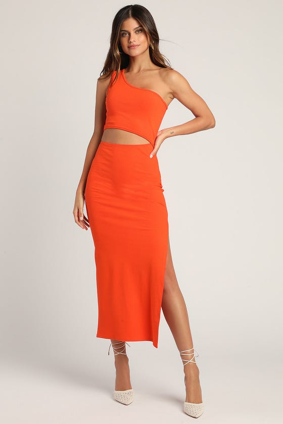 Orange Ribbed One-Shoulder Cutout Midi Dress