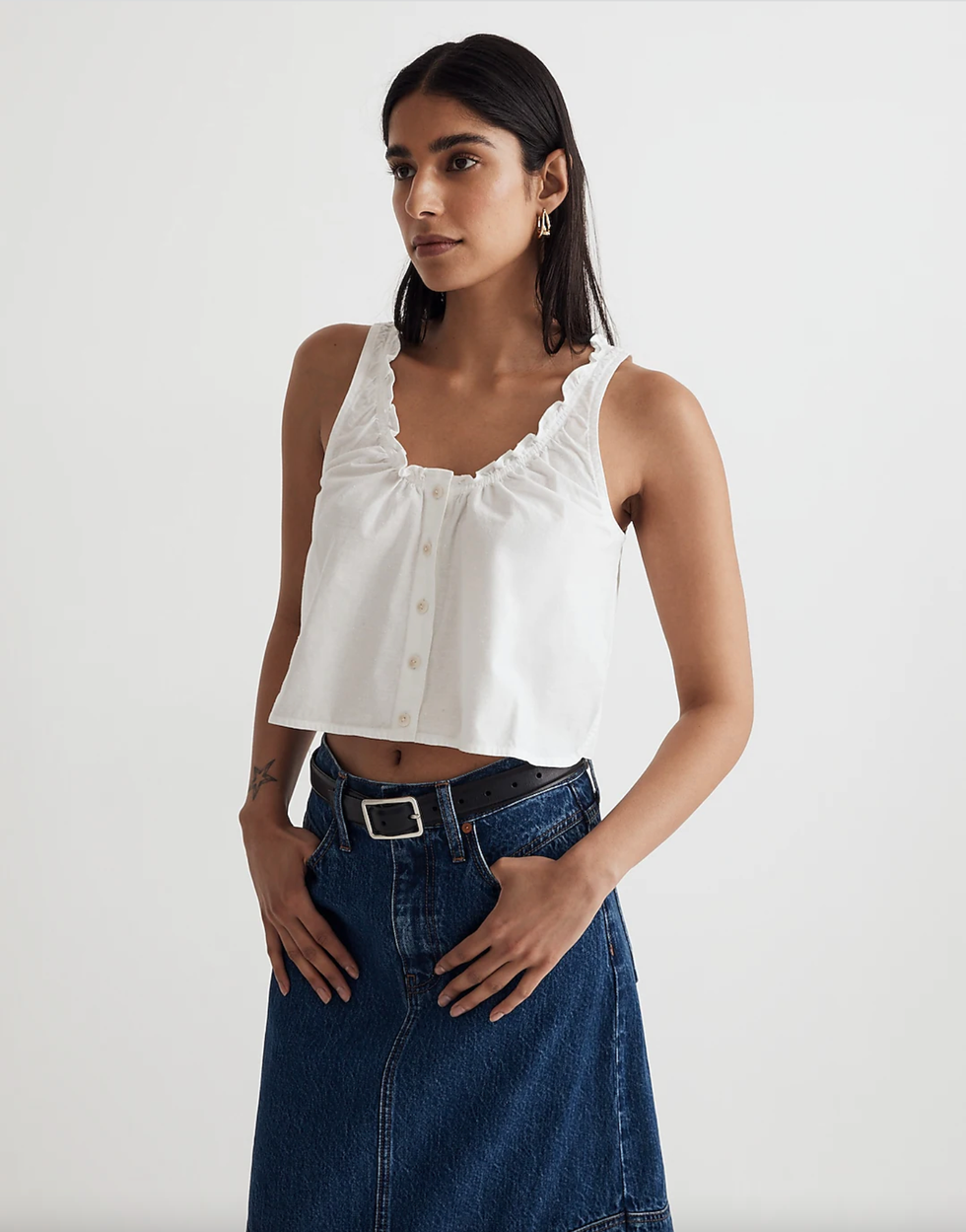 Denim Ruffled U-Neck Crop Top