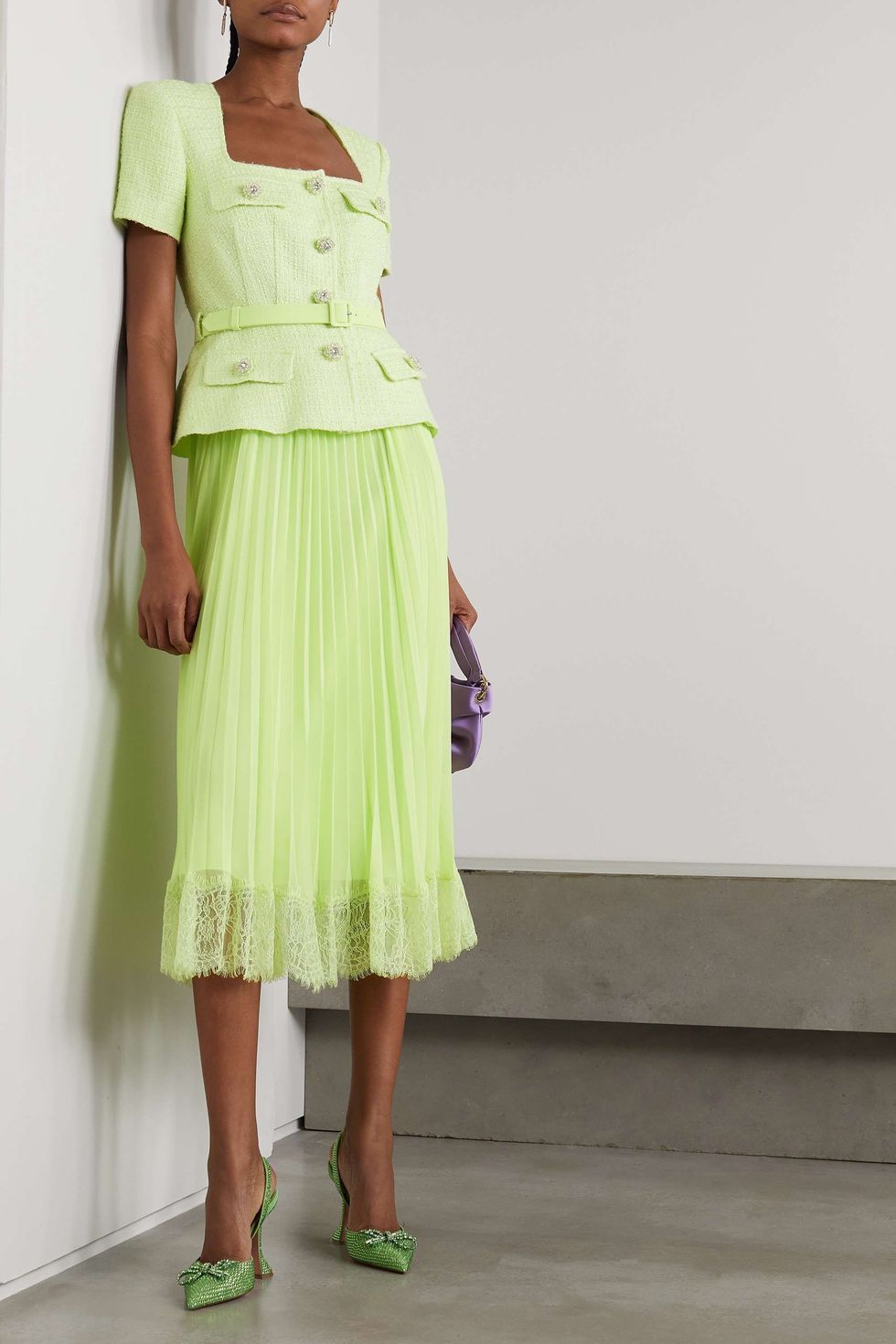 Belted embellished bouclé and lace-trimmed pleated chiffon midi dress