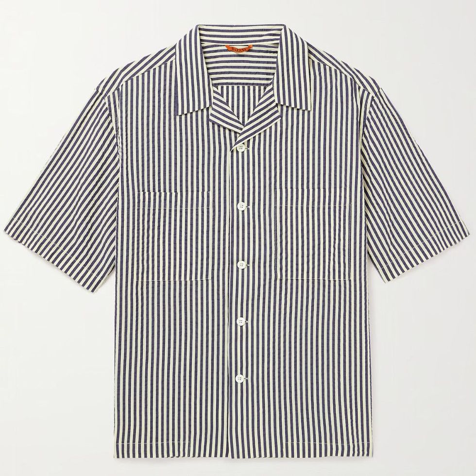 Camp-Collar Striped Cotton-Blend Seersucker Shirt
