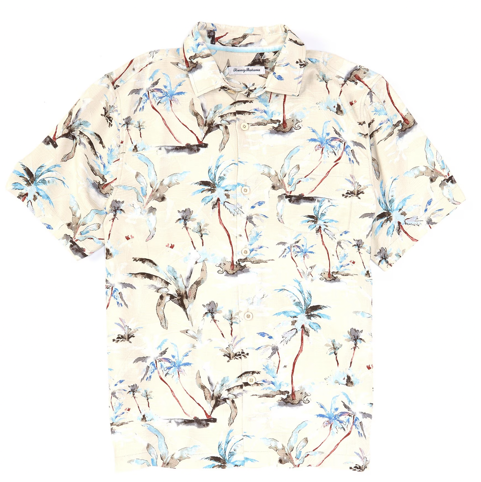 Glass Beach Palms Print Silk Short Sleeve Button-Up Shirt