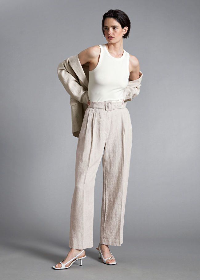 Straight ankle length linen trousers/pants with an elastic band and pockets  | KatLinen - linen modern collection