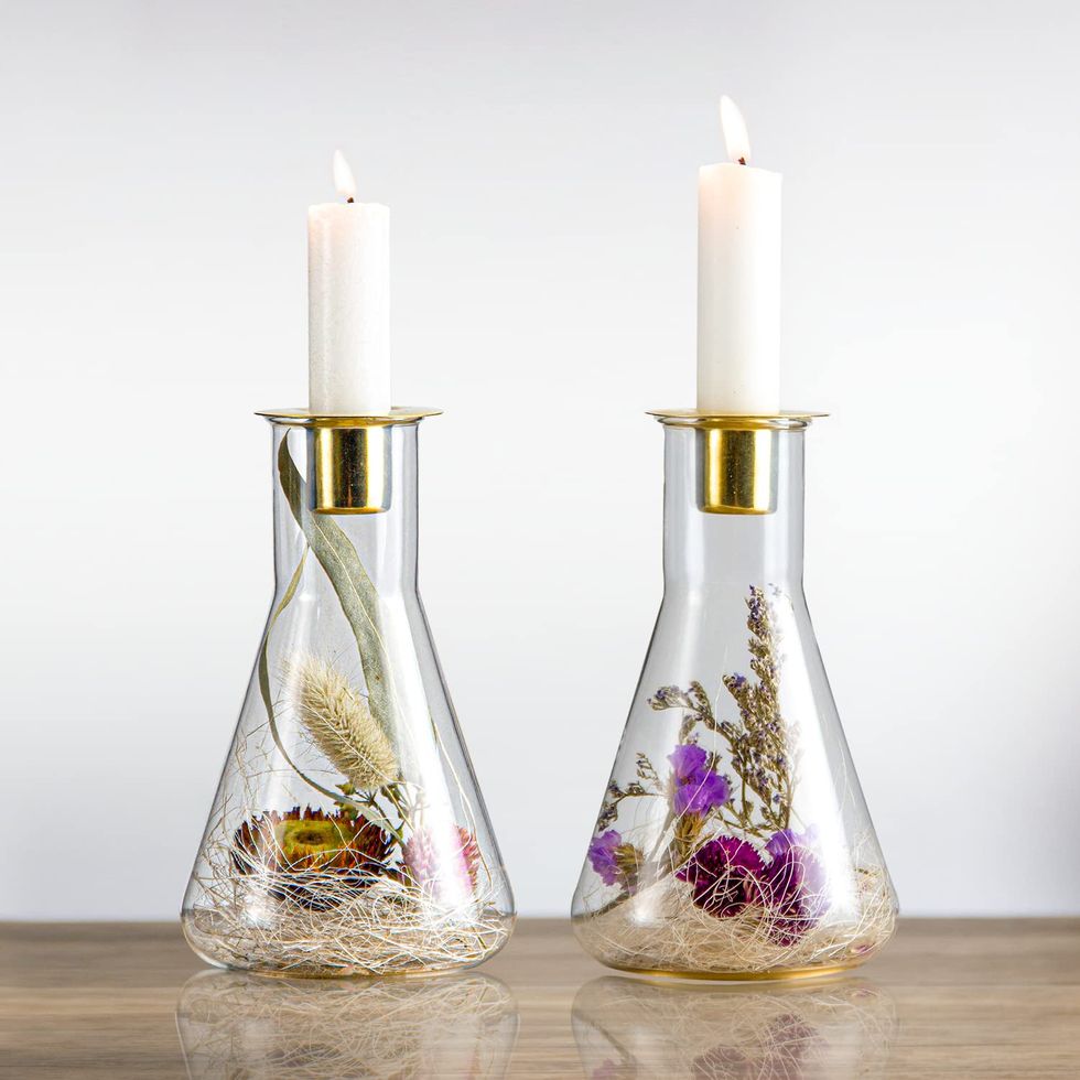 Glass Candlestick Holders with Dried Flowers
