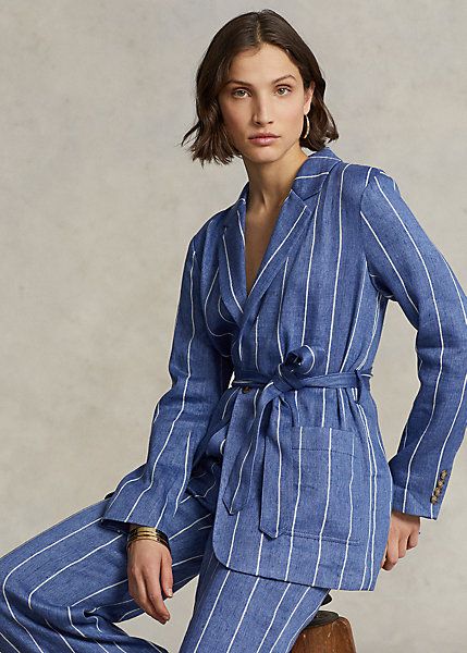 Striped Belted Linen-Cotton Blazer