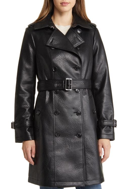 Double Breasted Faux Leather Coat in Black
