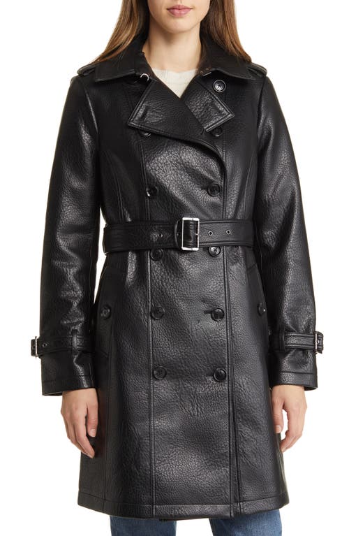 Double Breasted Faux Leather Coat in Black