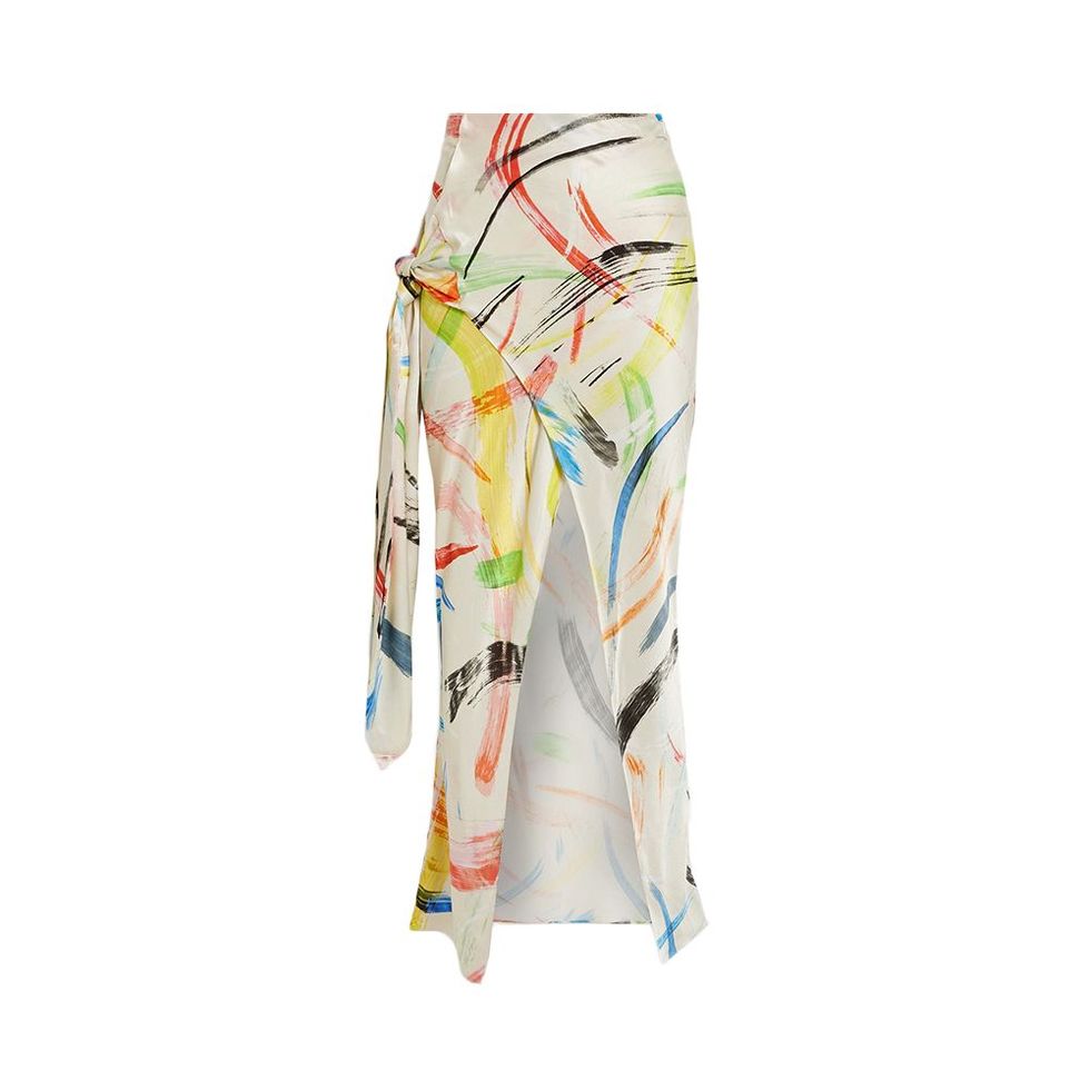 Wrap-Effect Printed Satin Midi Skirt