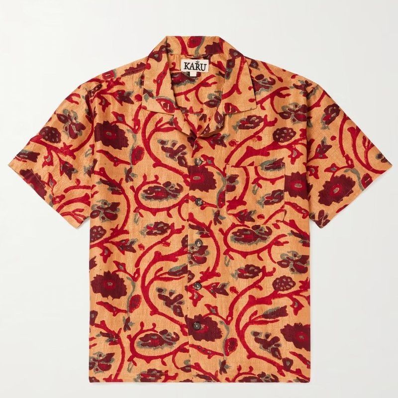Camp-Collar Floral-Print Silk Shirt