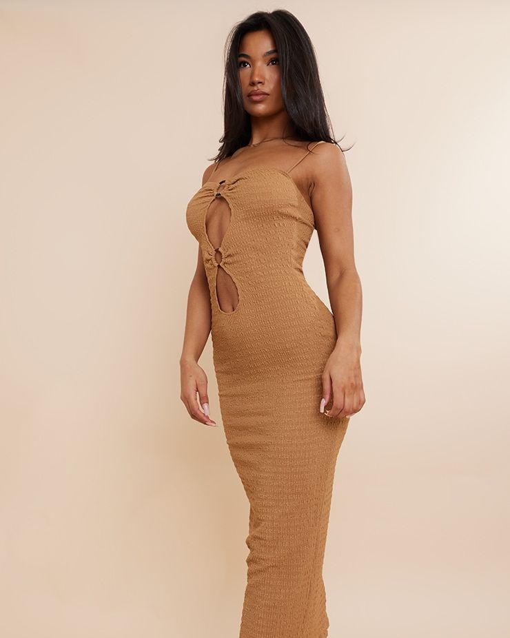 Chocolate Textured Cut Out Ring Detail Strappy Midaxi Dress