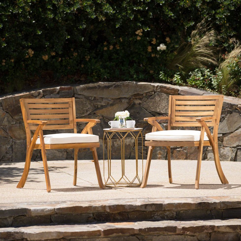 Hermosa Outdoor Acacia Wood Arm Chairs, 2-Pcs Set, Teak Finish / Cream