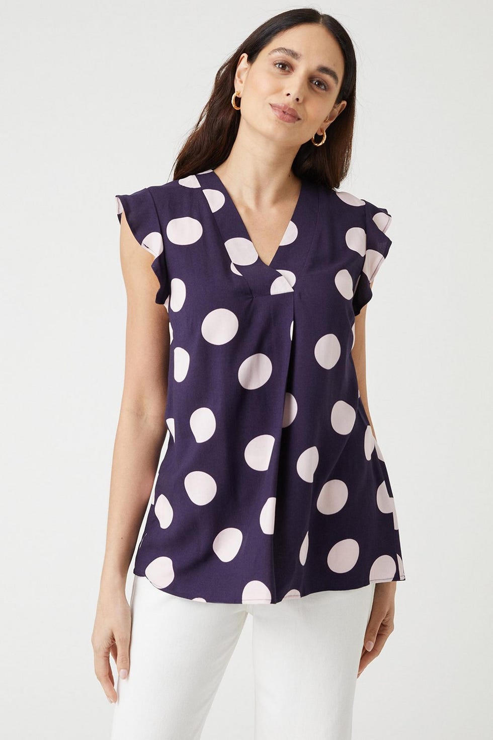 Navy Spot Sleeveless Frill Shell Top