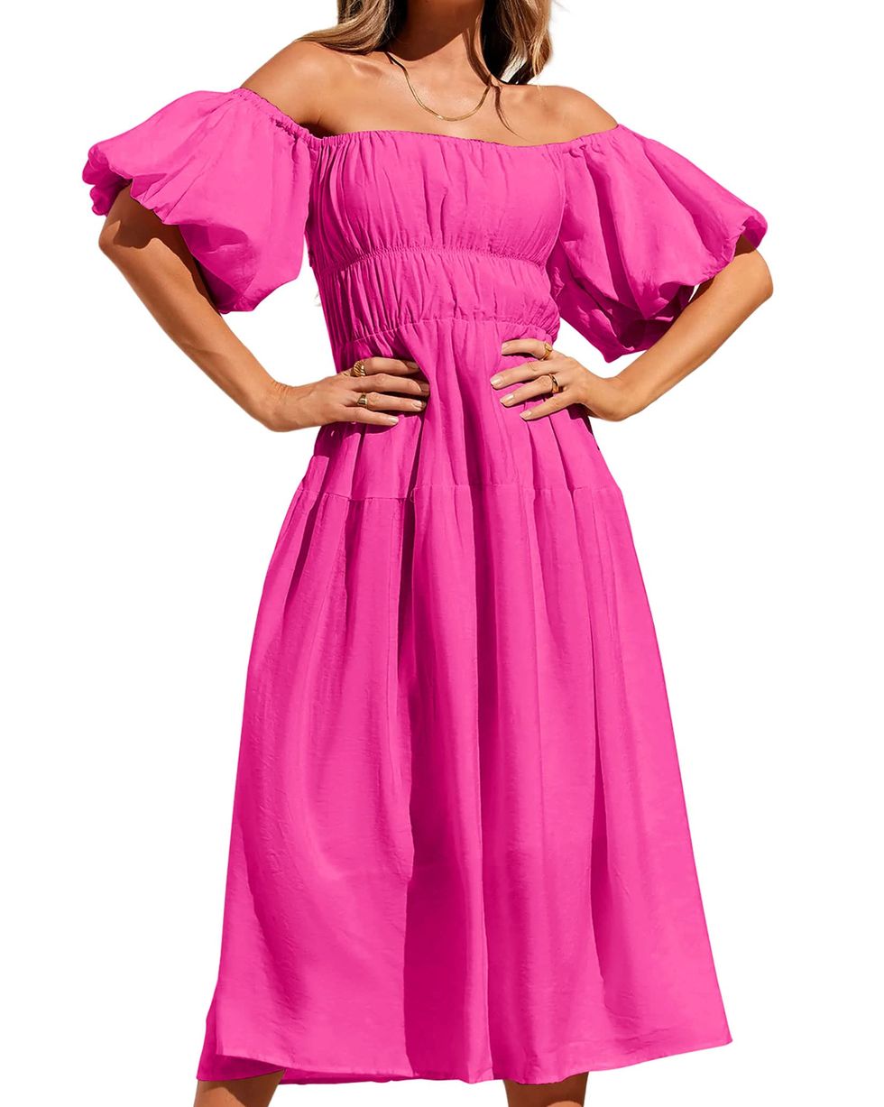 Off-the-Shoulder Midi Dress in Hot Pink