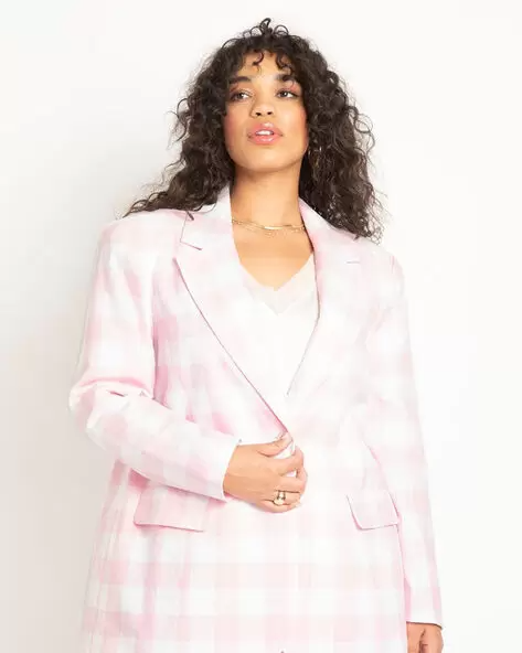 Plus-Size Pink Plaid Cotton Blazer