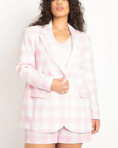 Plus-Size Pink Plaid Cotton Blazer