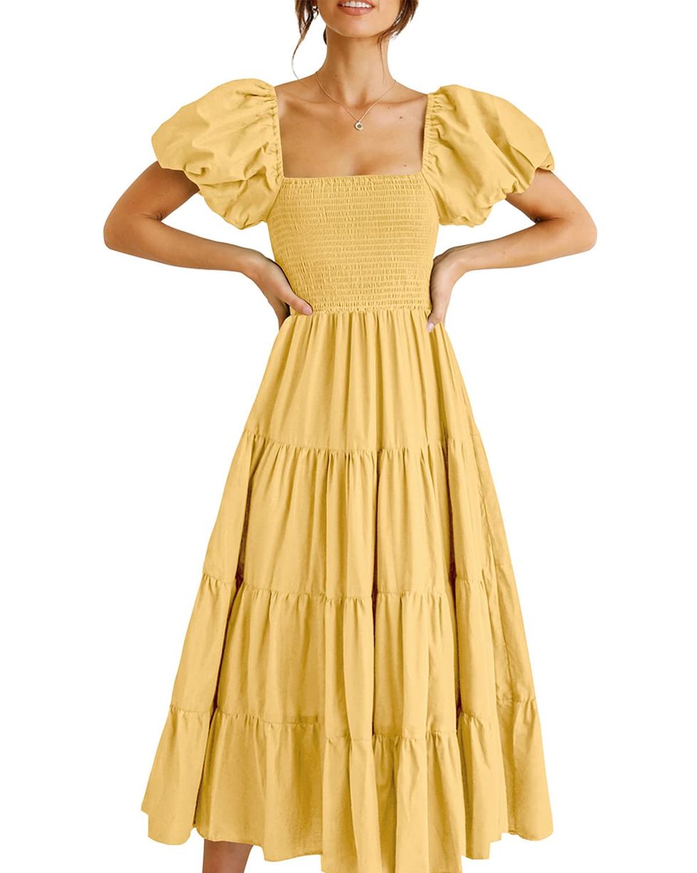 Summer Puff Sleeve Square Neck Smocked Tiered Midi Dress 