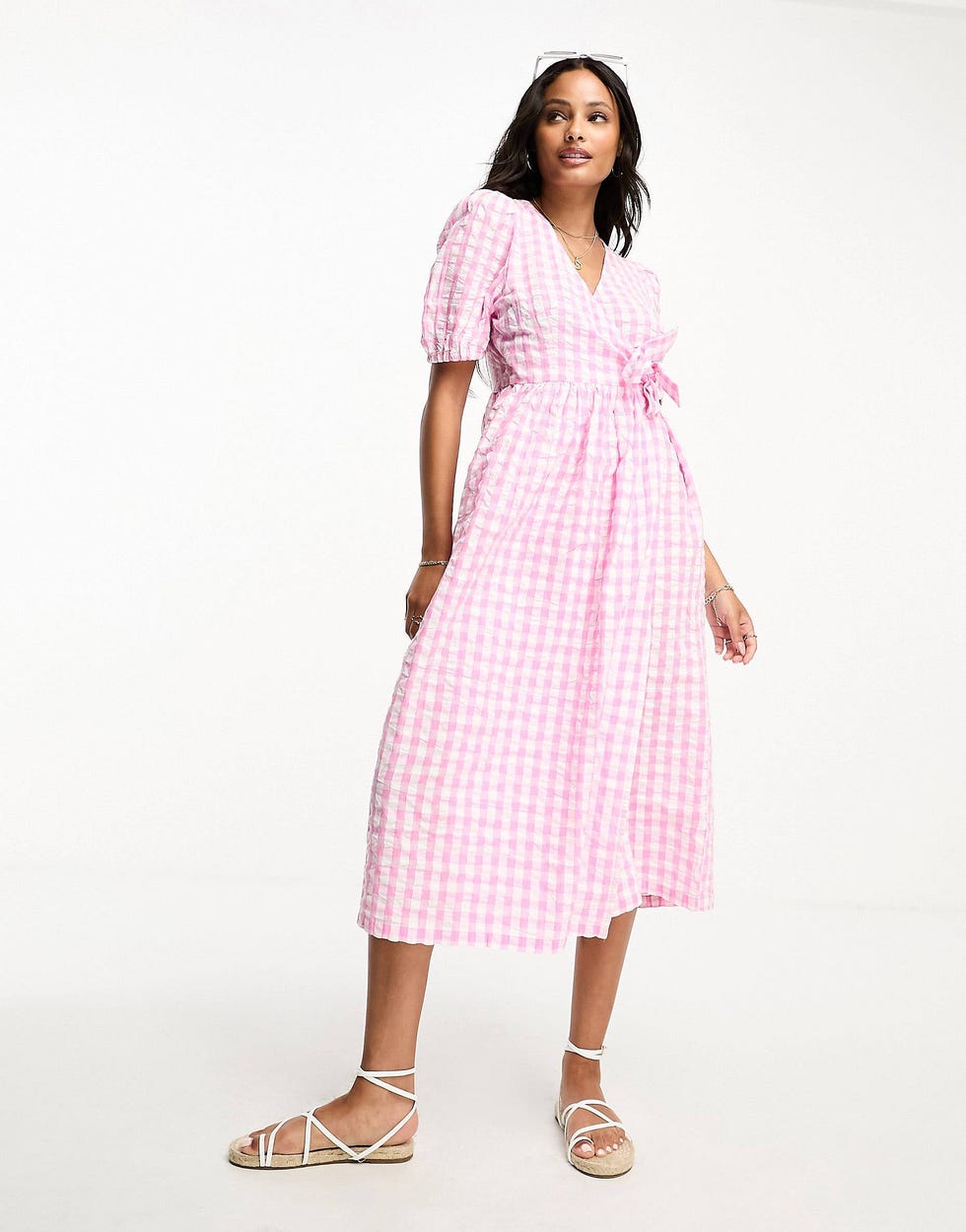 Seersucker Wrap Midi dress in Pink and White Gingham