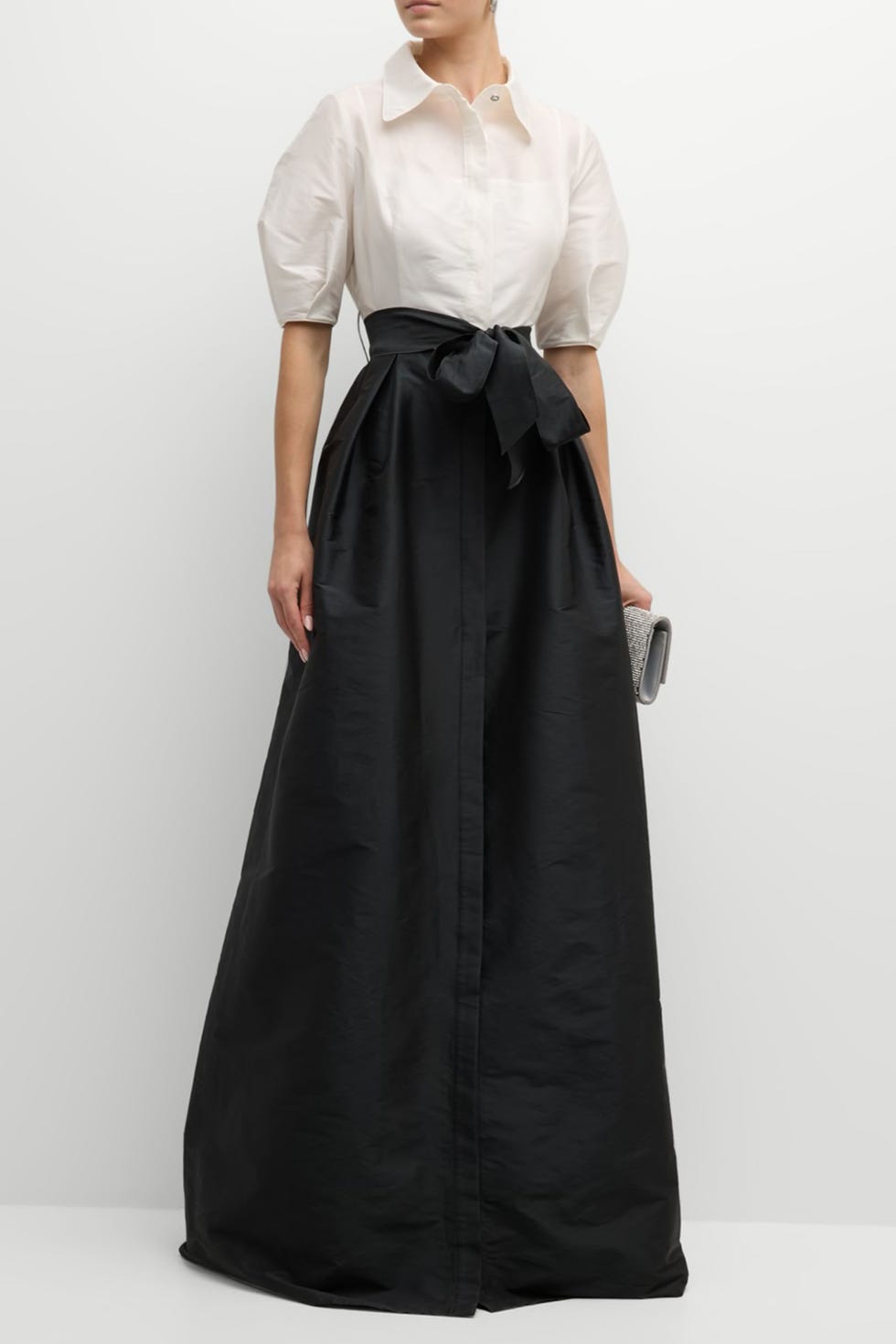 Puff-Sleeve Two-Tone Tafetta Shirt Gown