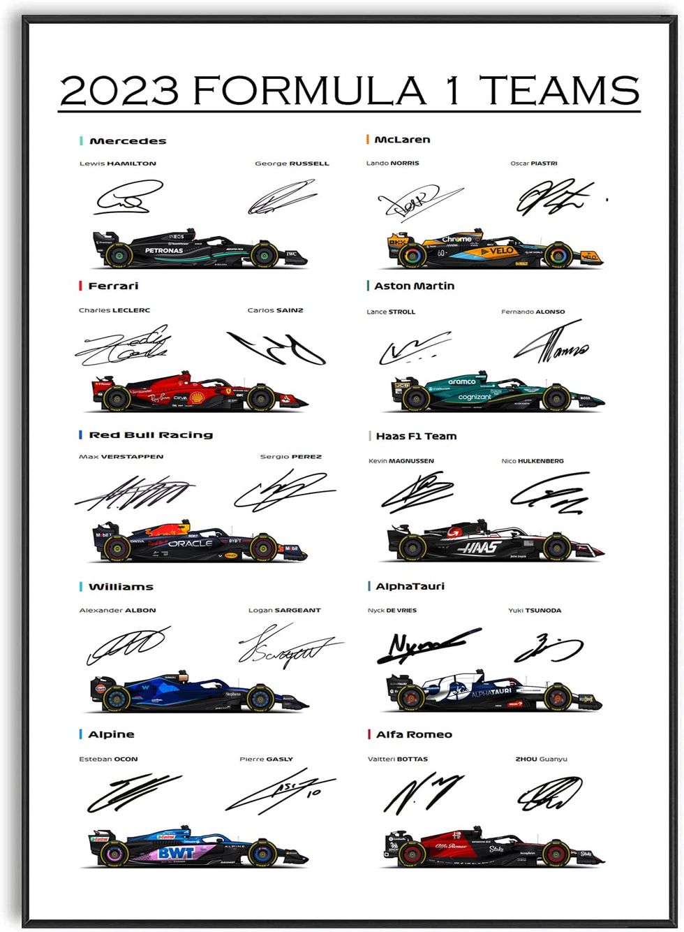 Póster con las firmas de los pilotos de F1 de 2023