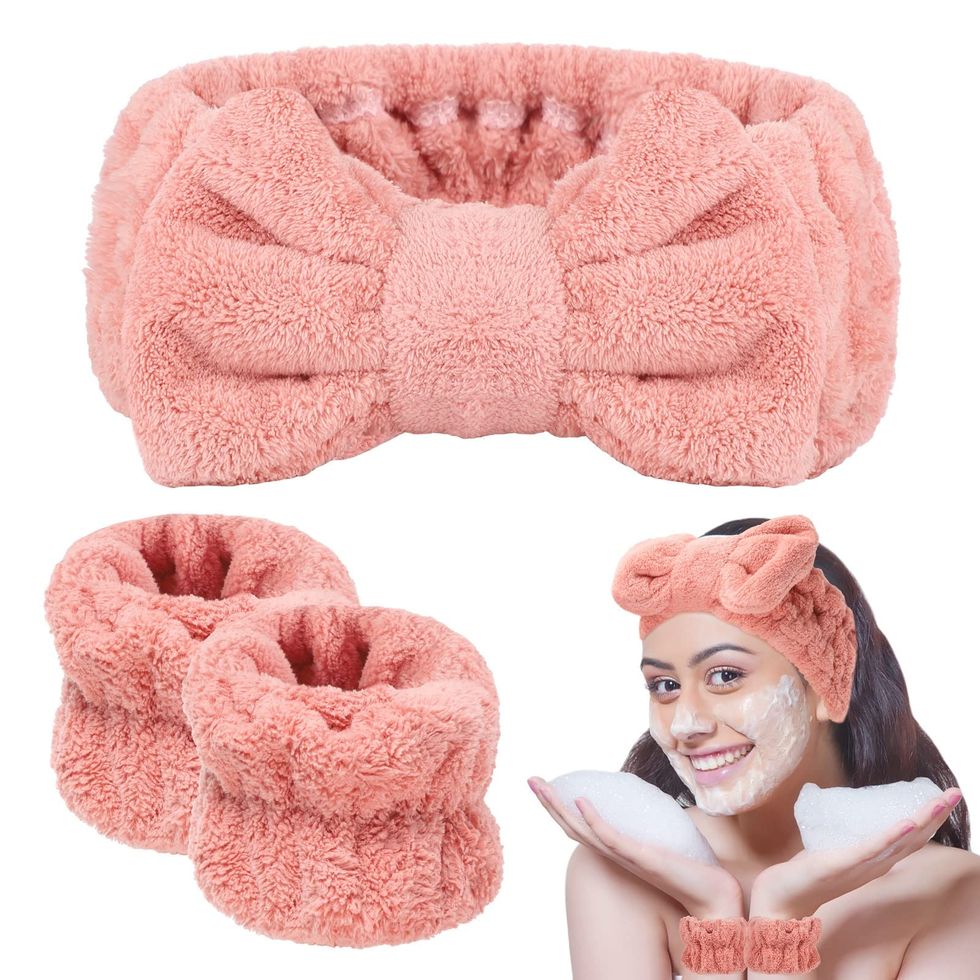 3 Pieces Face Wash Headband and Wristband Set in pink