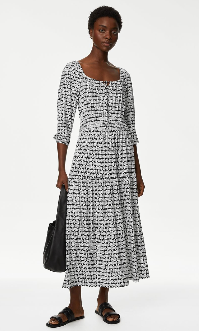 Jersey Printed Square Neck Midi Dress