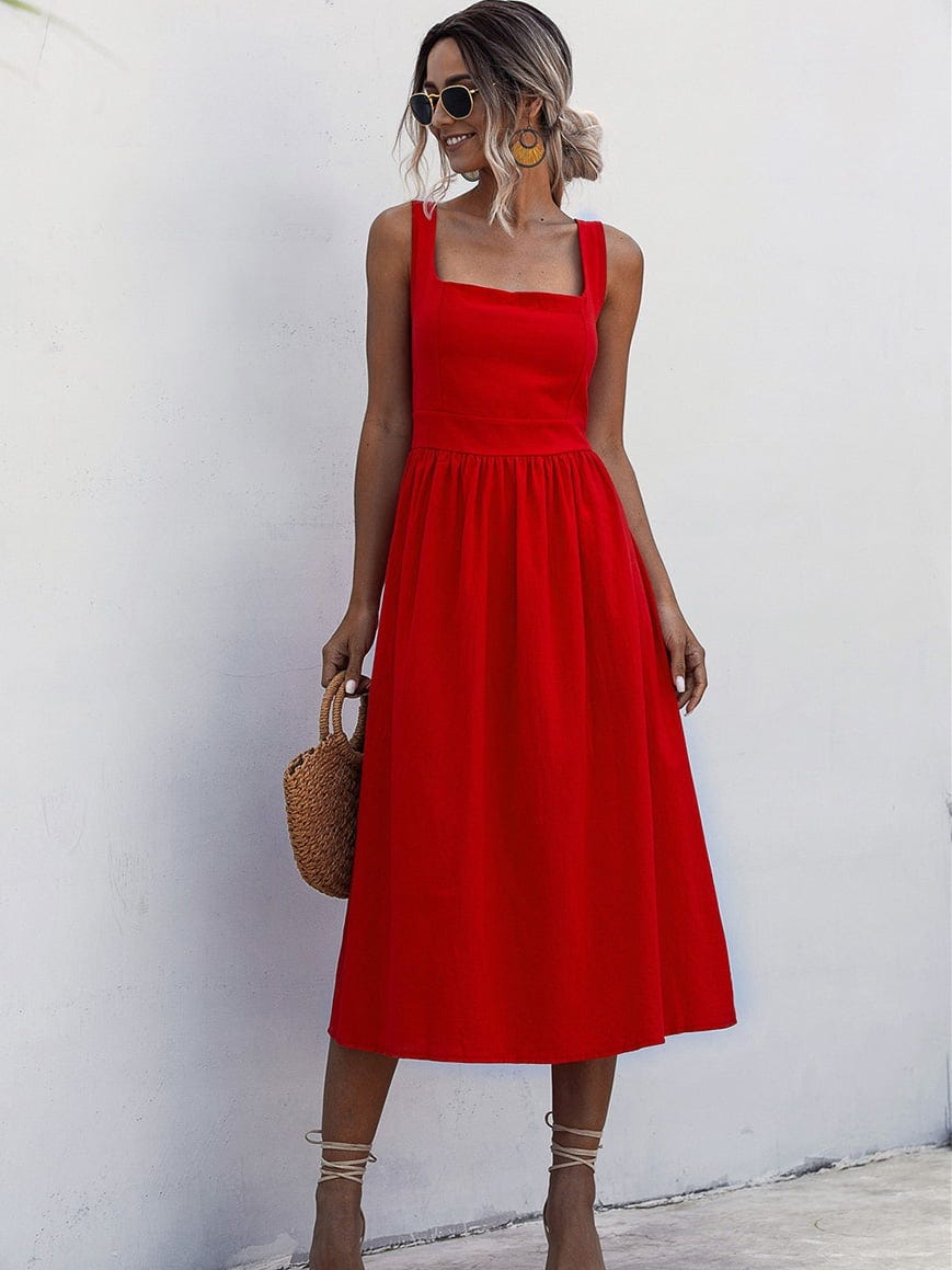 Square Neck Smocked Midi Flare Dress