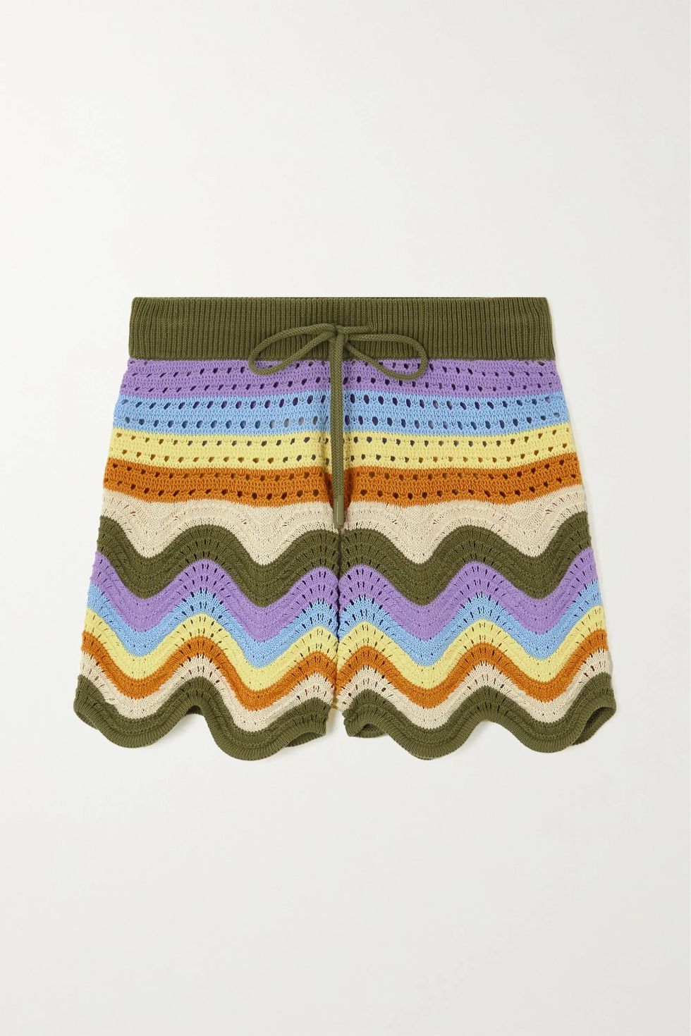Striped scalloped crochet-knit cotton shorts