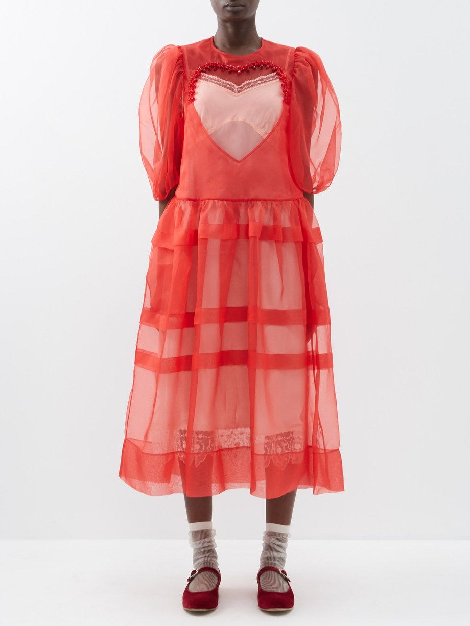 Beaded Heart-Insert Silk-Organza Midi Dress