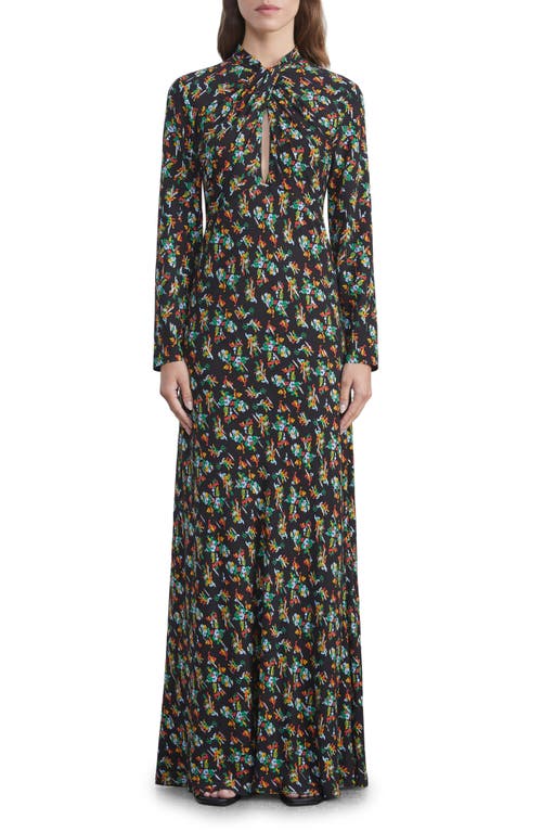 Floral Twist Neck Long Sleeve Maxi Dress in Black Multi