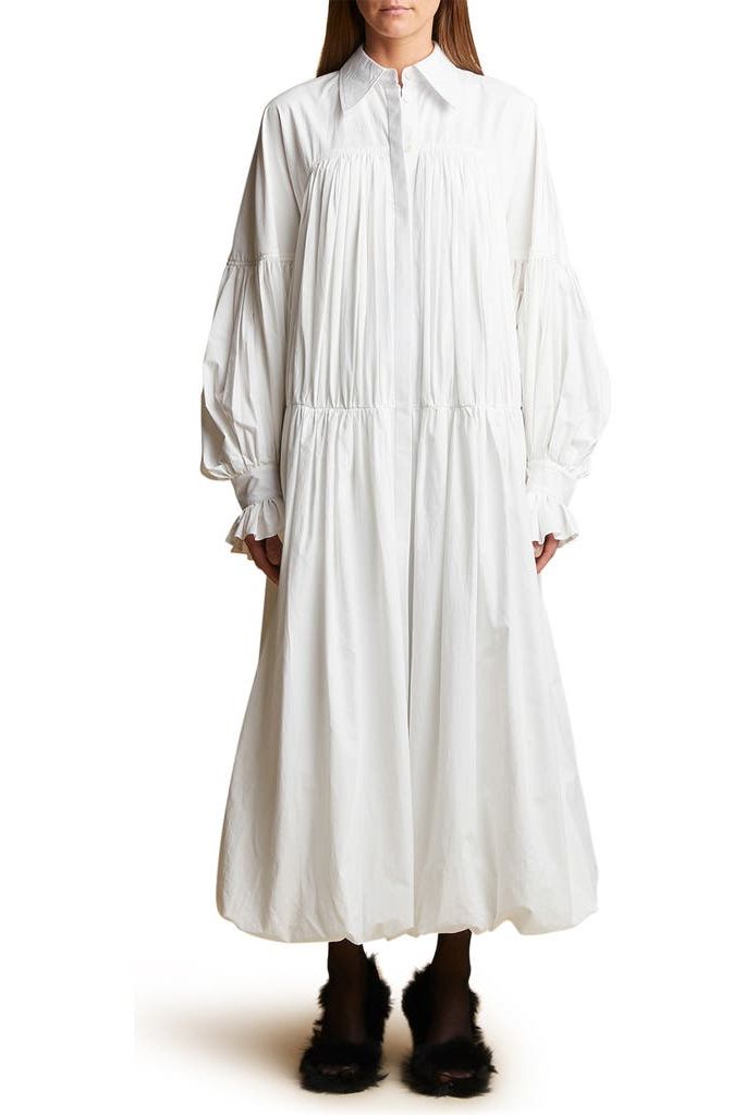 Colleen Gathered Long Sleeve Drop Waist Cotton Poplin Shirtdress in White