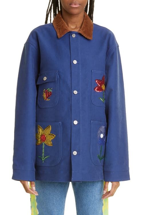 Gender Inclusive Sequin Embroidered Flowers Workwear Jacket in Blue