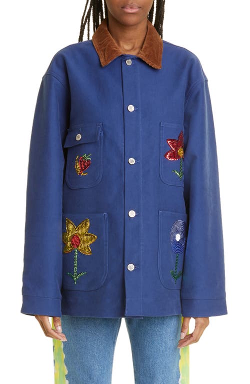 Gender Inclusive Sequin Embroidered Flowers Workwear Jacket in Blue