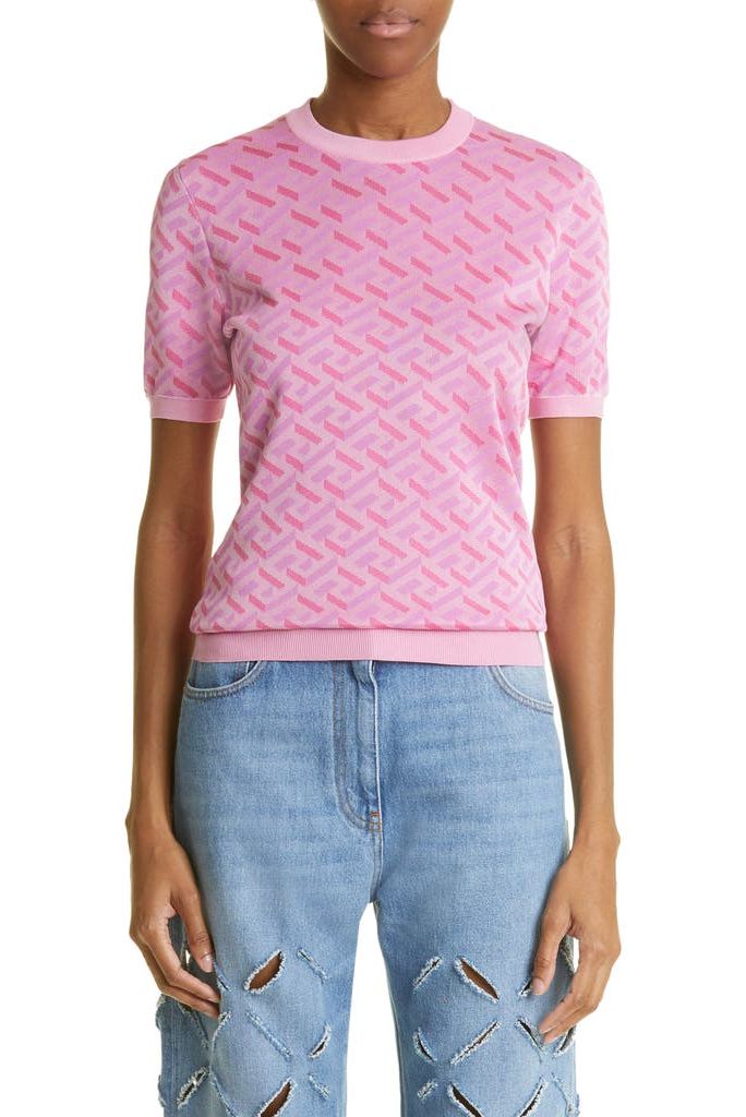 Greca Monogram Jacquard Short Sleeve Silk Blend Sweater in Pink/Fuchsia