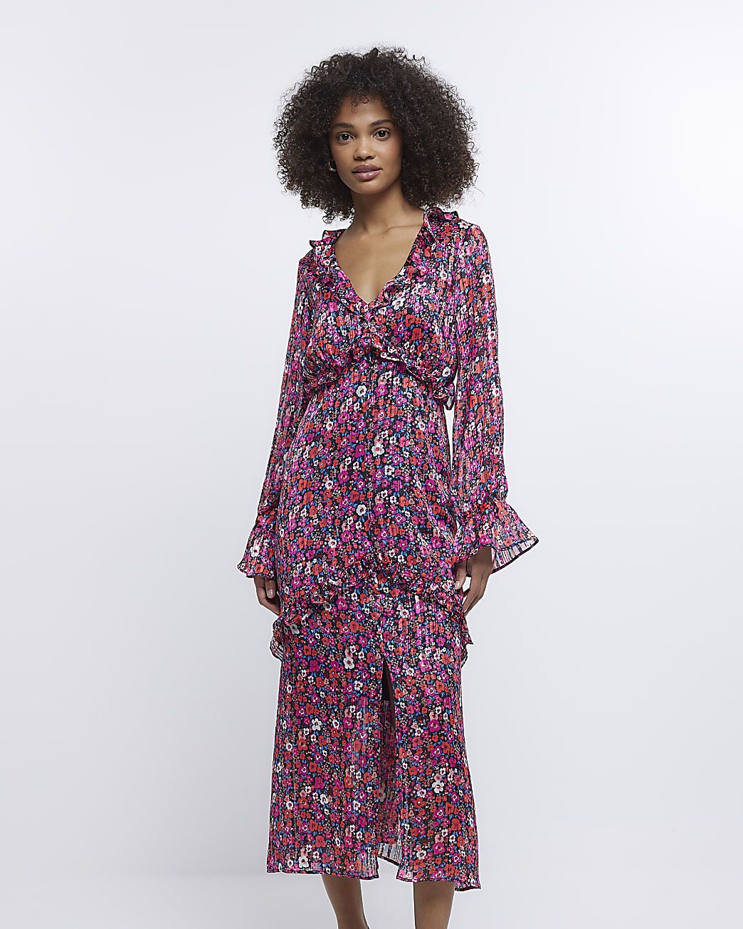 Purple floral frill on sale maxi dress river island