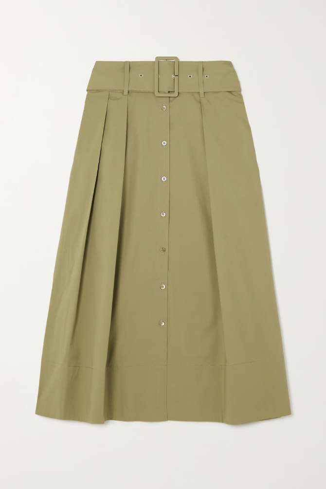 Kingsley Belted Pleated Stretch-Cotton Midi Skirt