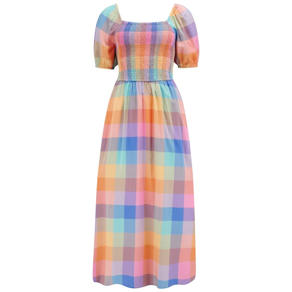 Frances Midi Shirred Dress Multi, Rainbow Check