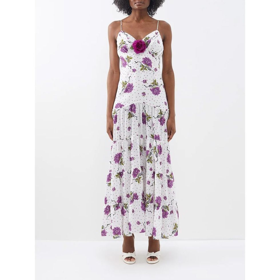 Floral-Appliqué Printed Silk Slip Dress