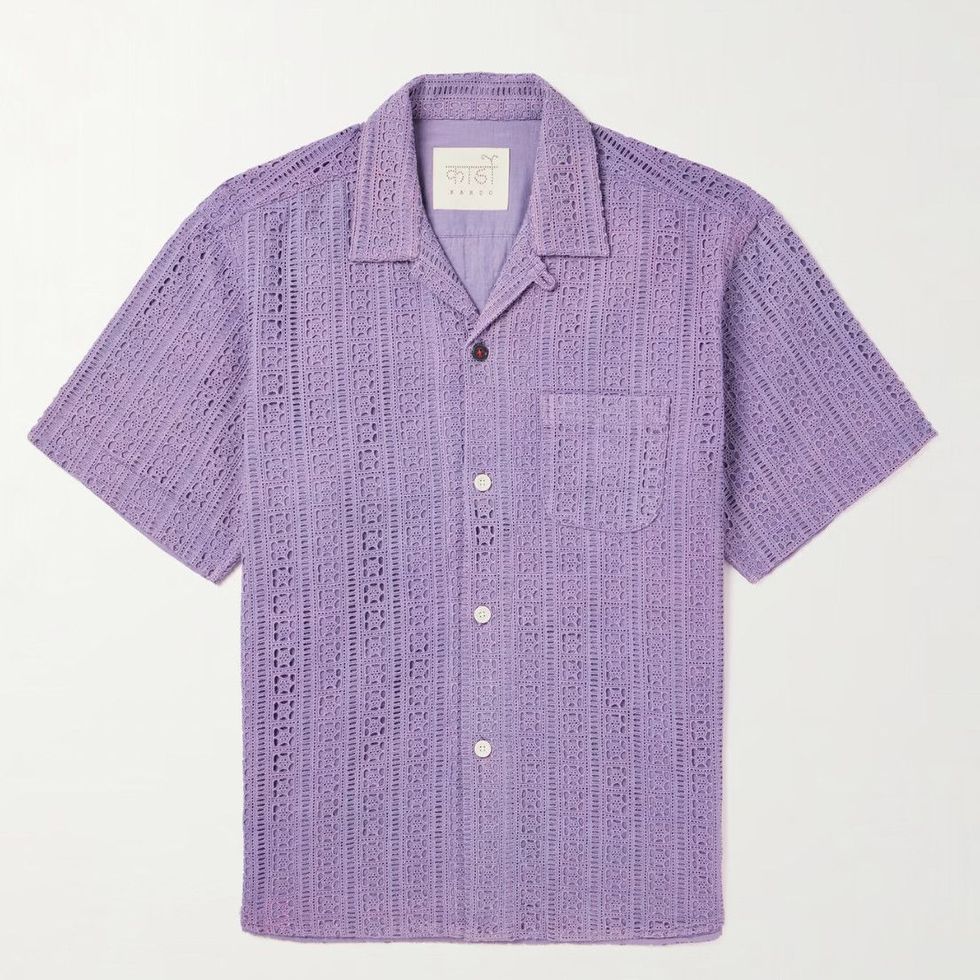 Convertible-Collar Crochet-Knit Cotton Shirt