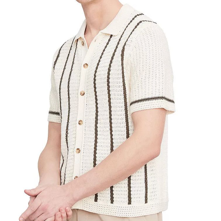Crochet Striped Short Sleeve Button Down