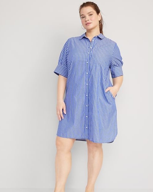 blue and white striped shirt dress with leather belt, vintage