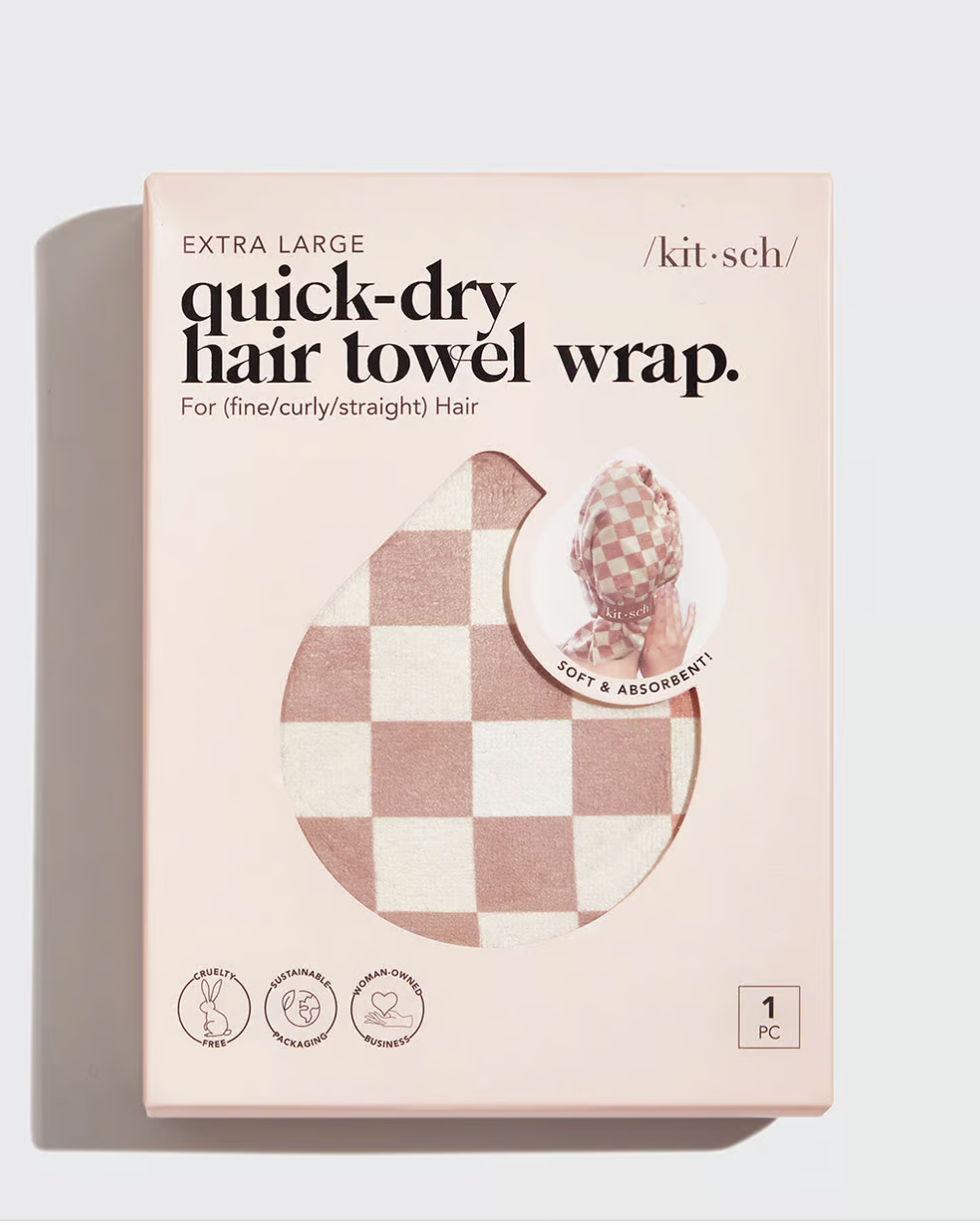 Quick-Dry Hair Towel Wrap in Terracotta Checker