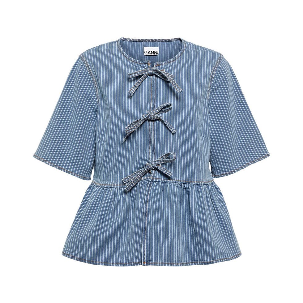 Striped Bow-Trimmed Peplum Denim Blouse Striped Bow-Trimmed Peplum Denim Blouse