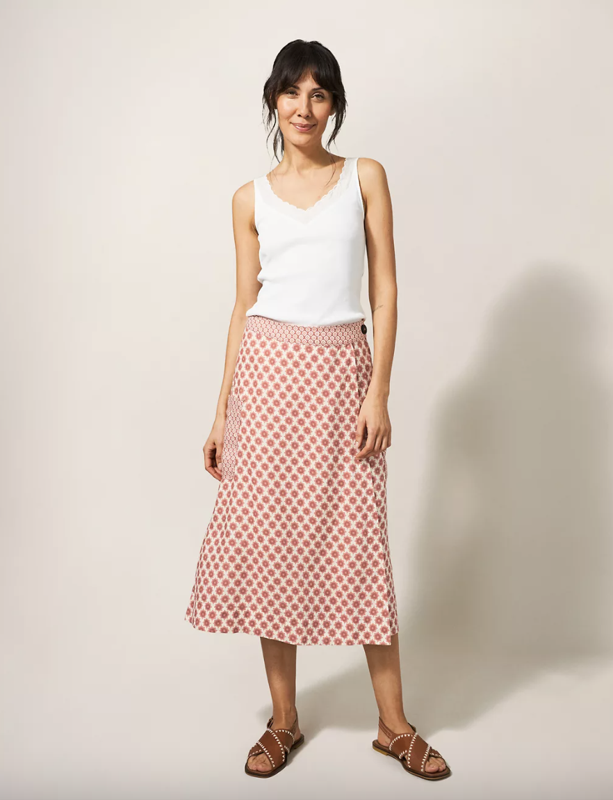 Pure Linen Printed Midi Wrap Skirt
