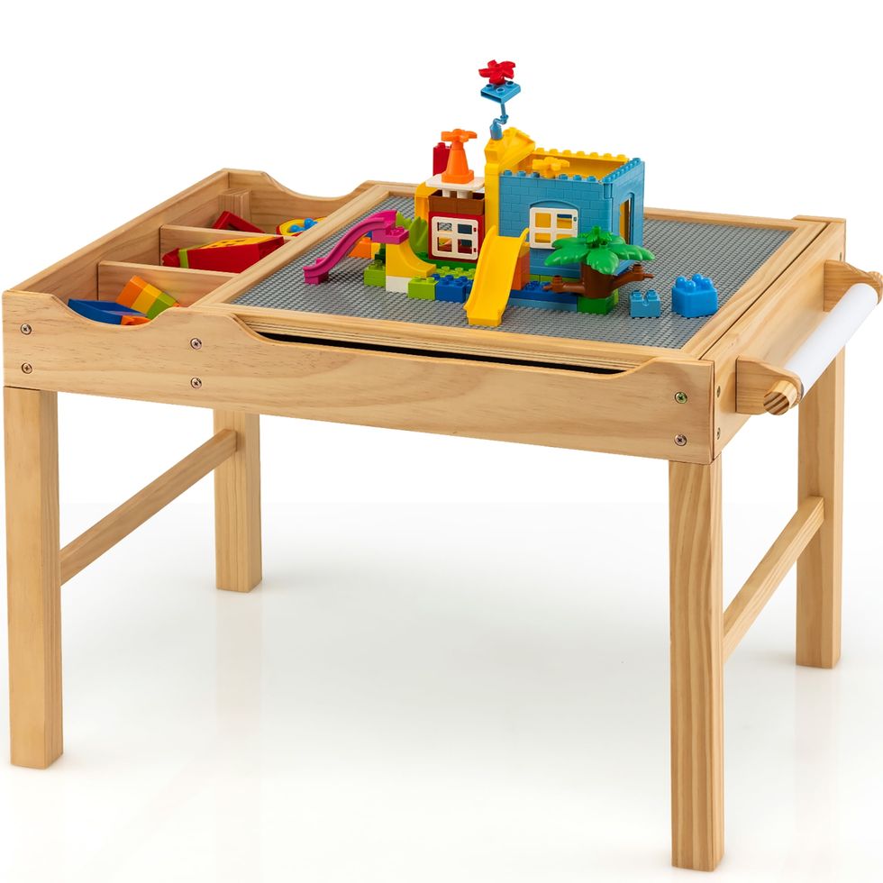 Costway Kids Art Table & Chairs Set Wooden Drawing Desk with Paper Roll  Storage Shelf Bins