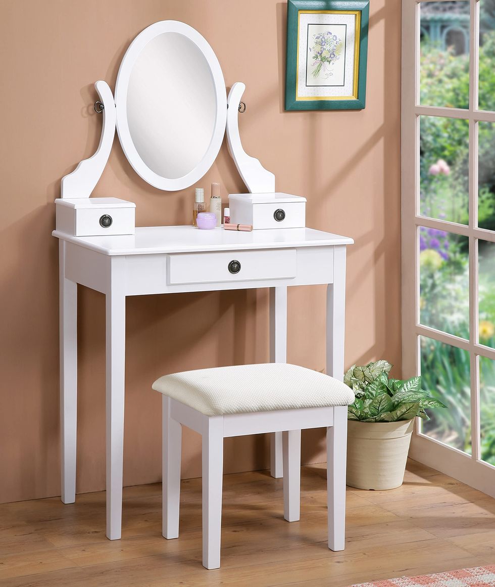 ARTETHYS Small Vanity Desk Set with 3 Adjustable Lighted Mirror and Storage  Chair, White Dressing Table