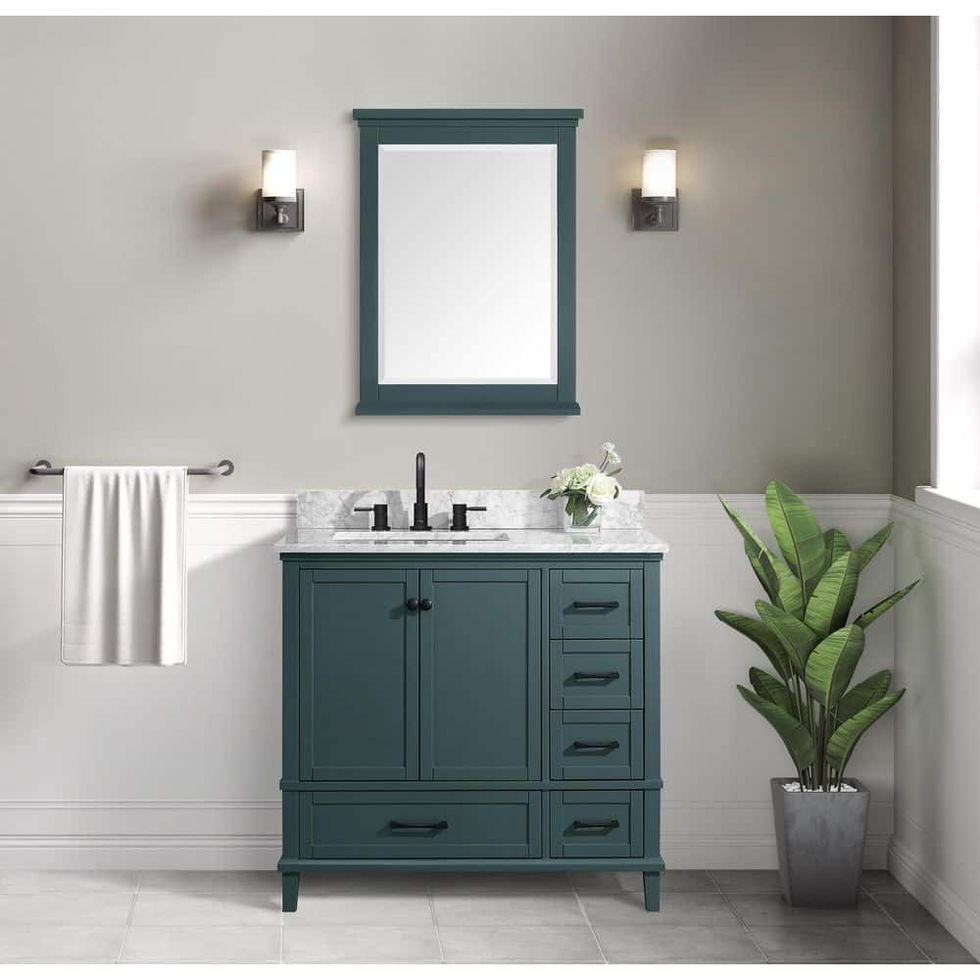 Merryfield Bathroom Vanity in Antigua Green with Carrara White Marble Top